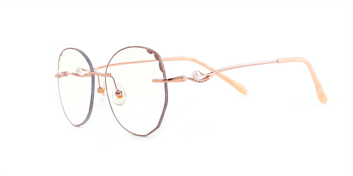 Women Designer Pretty Oval Rimless Eyewear Prescription Eyeglasses Gold Metal Temple for Square Face with Clear Lens